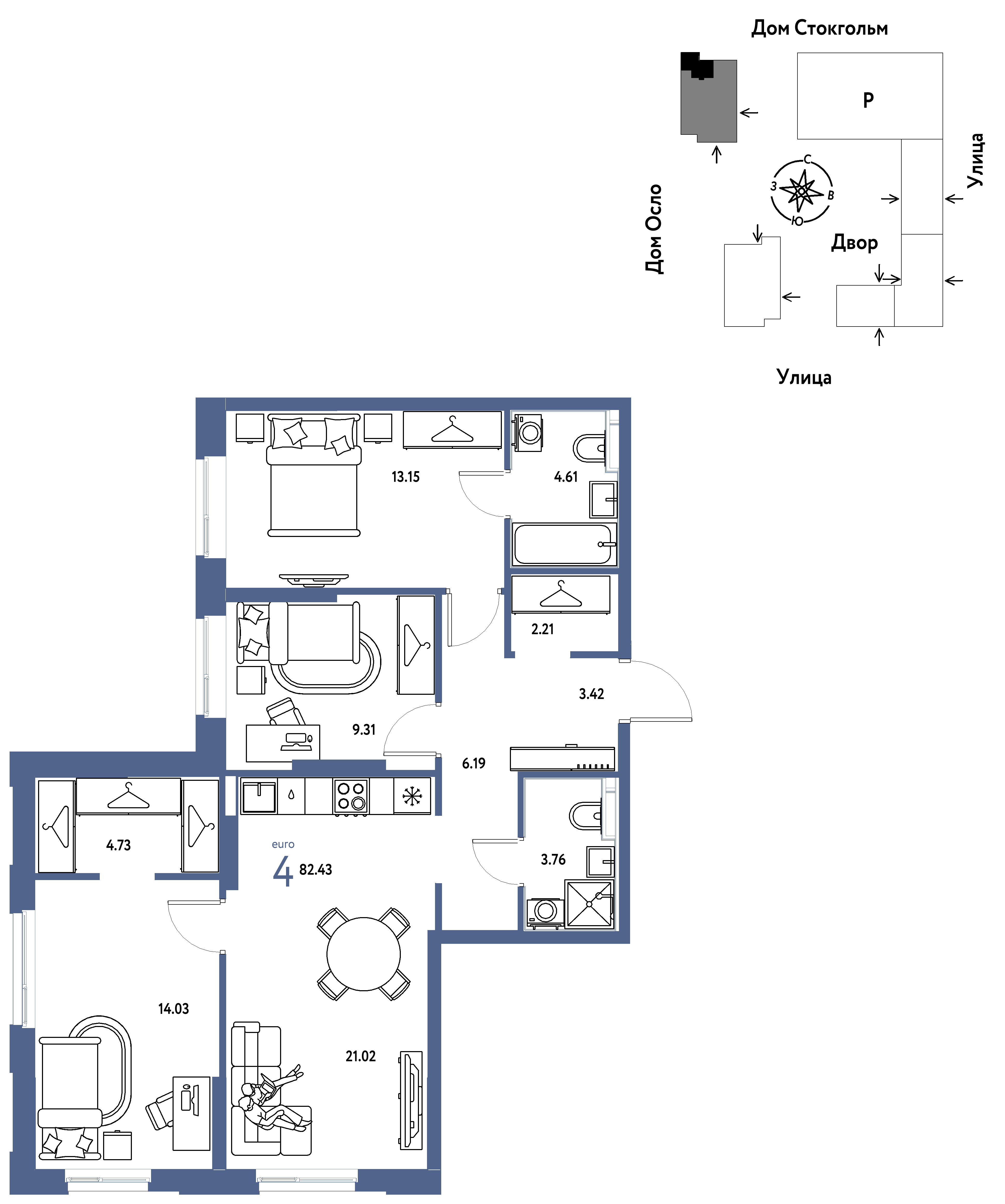 4-комнатная 82 м2 в ЖК Европейский берег 2.0 корпус null этаж 15