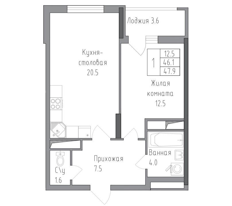 2-комнатная 47.9 м2 в ЖК undefined корпус null этаж 10