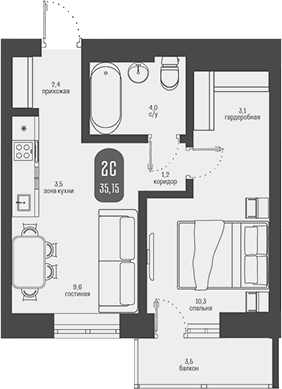 1-комнатная 34.1 м2 в ЖК undefined корпус null этаж 23