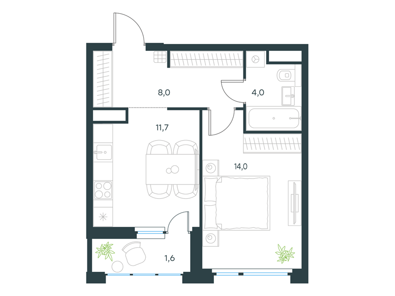 1-комнатная 39 м2 в ЖК Левел Лесной корпус null этаж 15