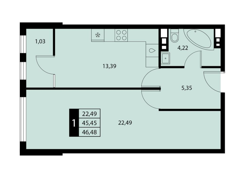 1-комнатная 46.5 м2 в ЖК undefined корпус null этаж 3