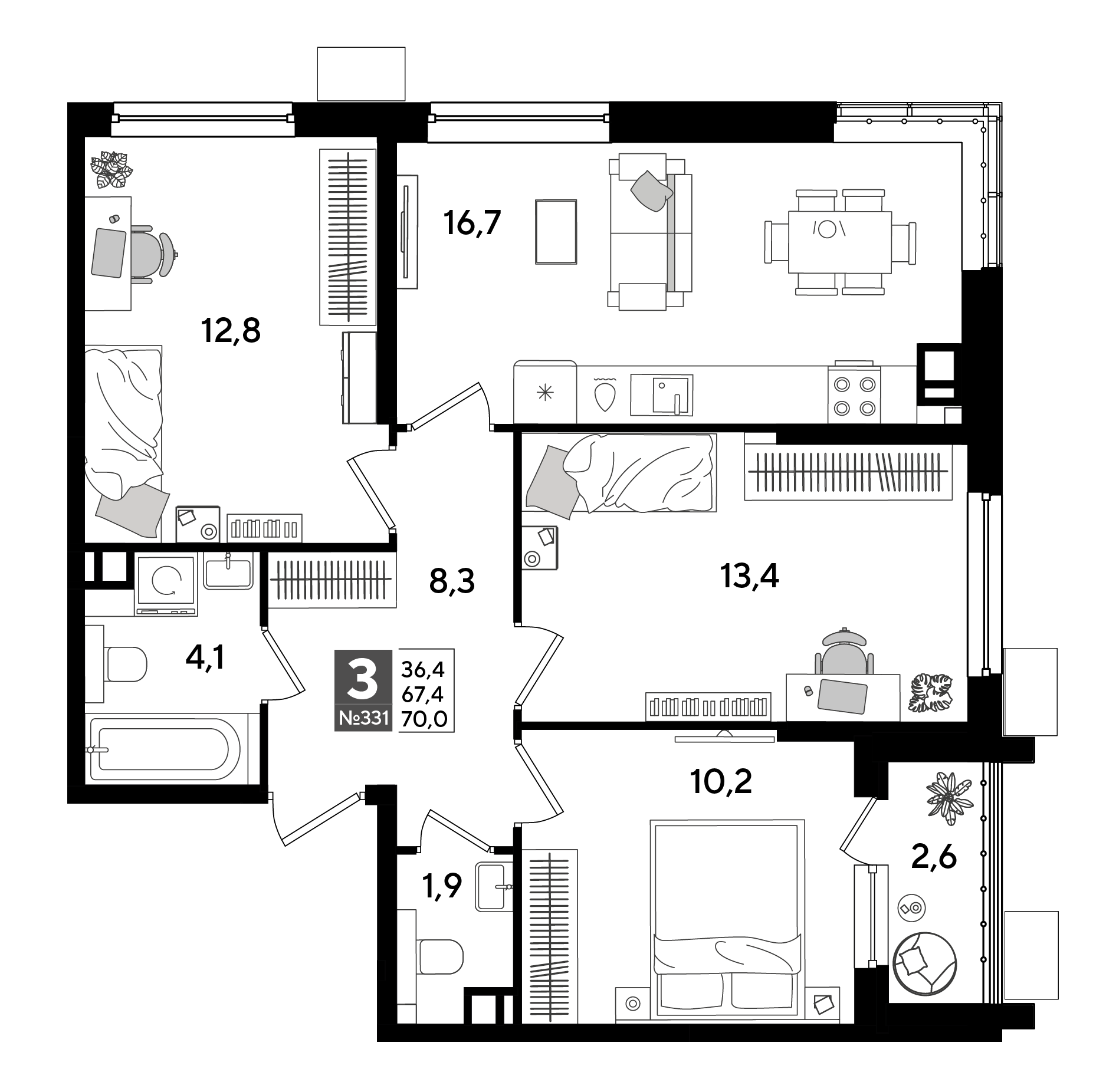 3-комнатная 70 м2 в ЖК Dogma Park корпус null этаж 7