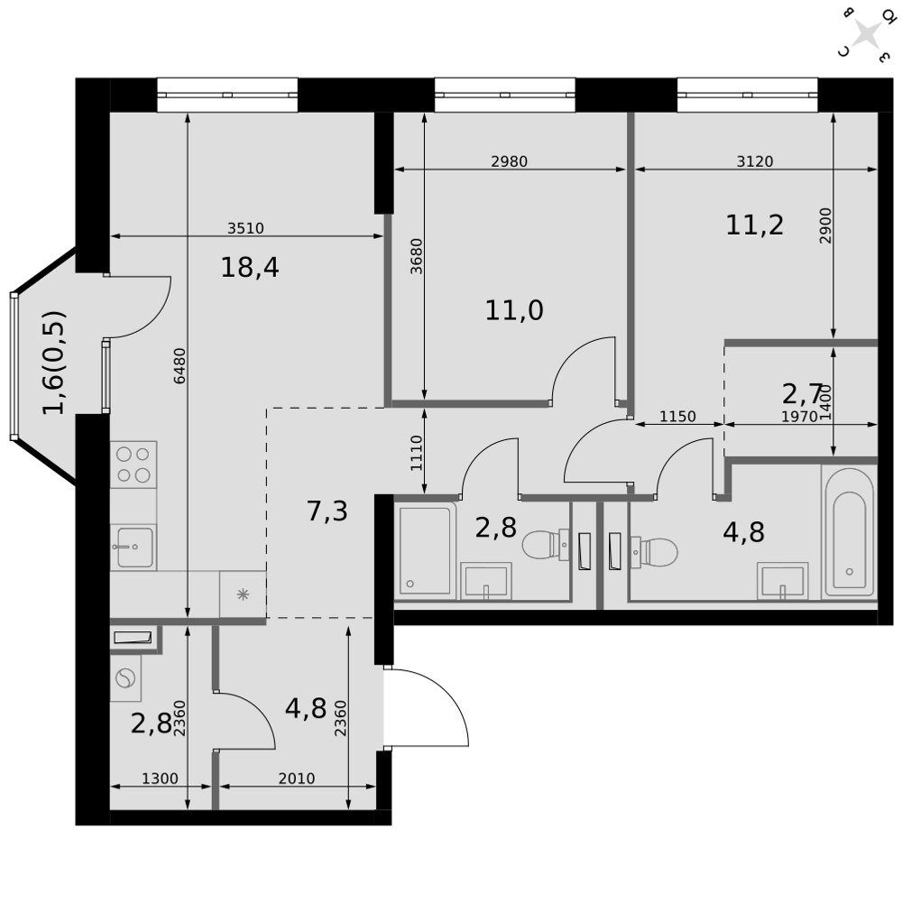 2-комнатная 66 м2 в ЖК Фриссон корпус null этаж 15