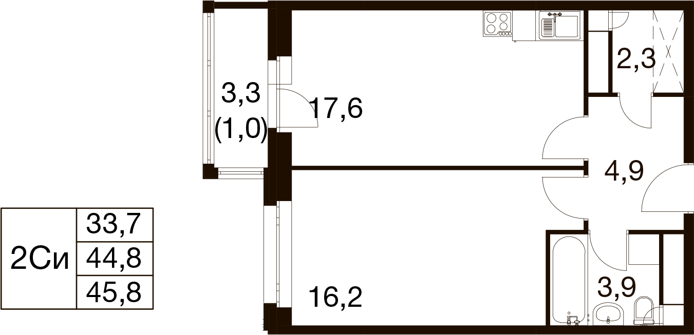 1-комнатная 44 м2 в ЖК Идеал корпус null этаж 15