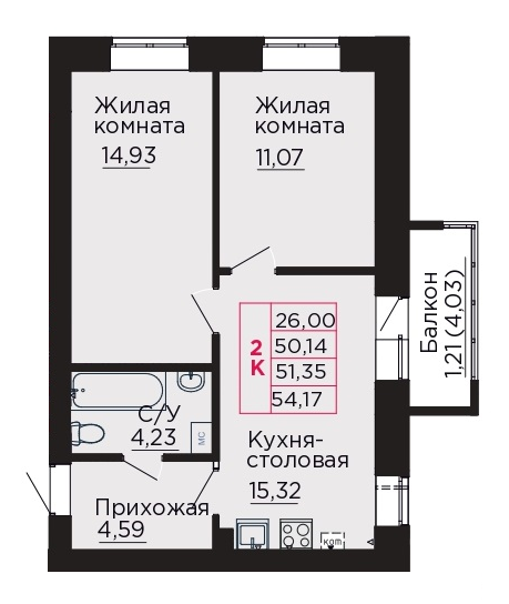 2-комнатная 51 м2 в ЖК Вишневый сад корпус null этаж 4