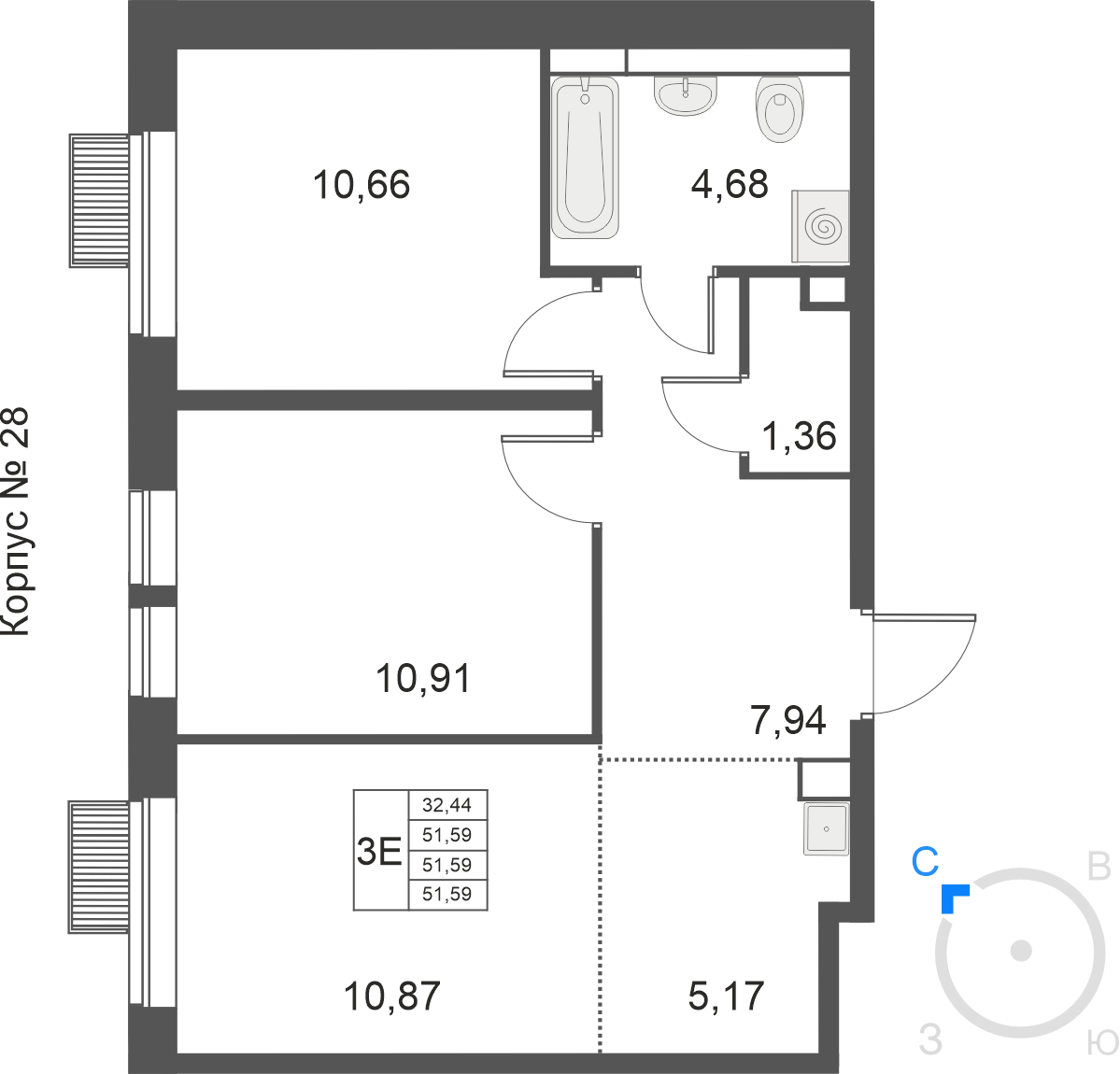 3-комнатная 51 м2 в ЖК Большое Путилково (УРАЛСИБ) корпус null этаж 2