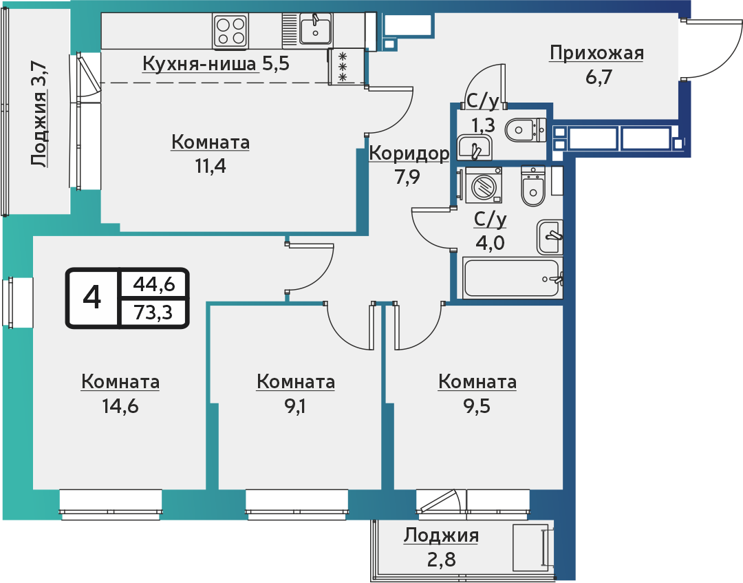 4-комнатная 73 м2 в ЖК ВЕГА-2 корпус null этаж 13
