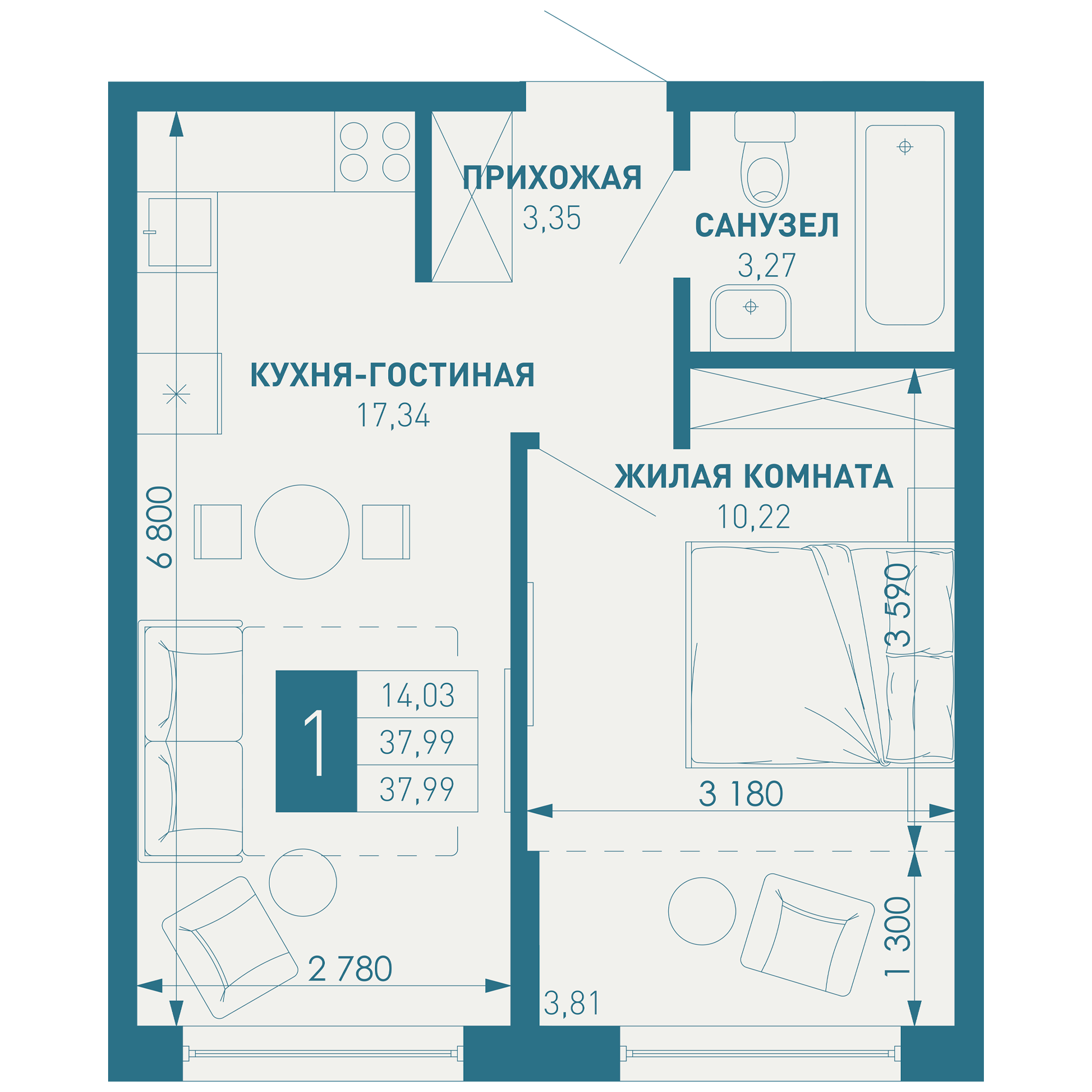 1-комнатная 40 м2 в ЖК ИНАЧЕ в Молодежном корпус null этаж 15
