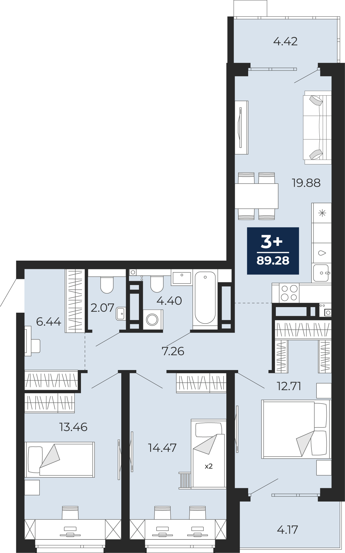 3-комнатная 80 м2 в ЖК Прео корпус null этаж 21