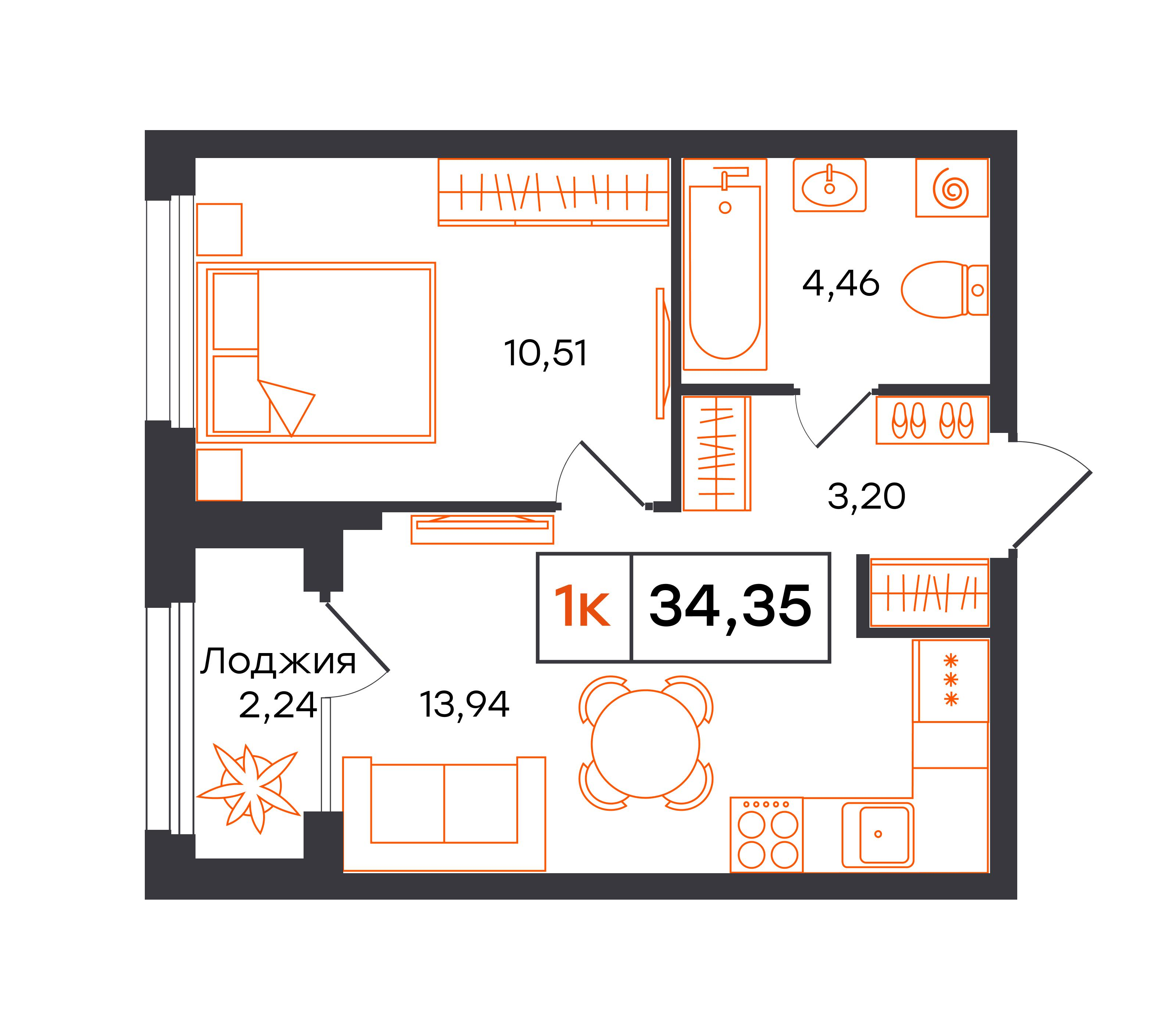 1-комнатная 34 м2 в ЖК Фатера корпус null этаж 24