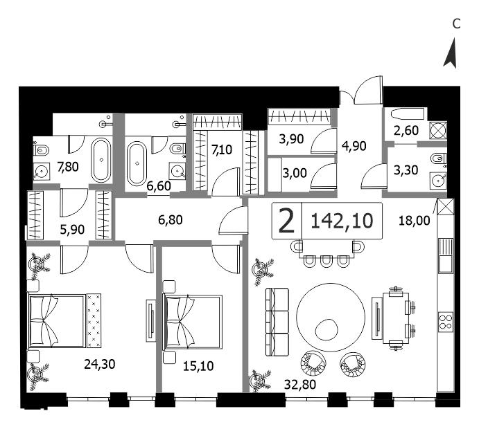 2-комнатная 147 м2 в ЖК DUO корпус null этаж 5