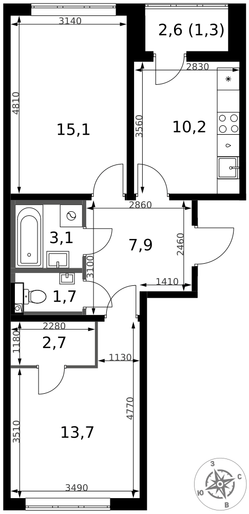 2-комнатная 55 м2 в ЖК 1-й Южный корпус null этаж 2