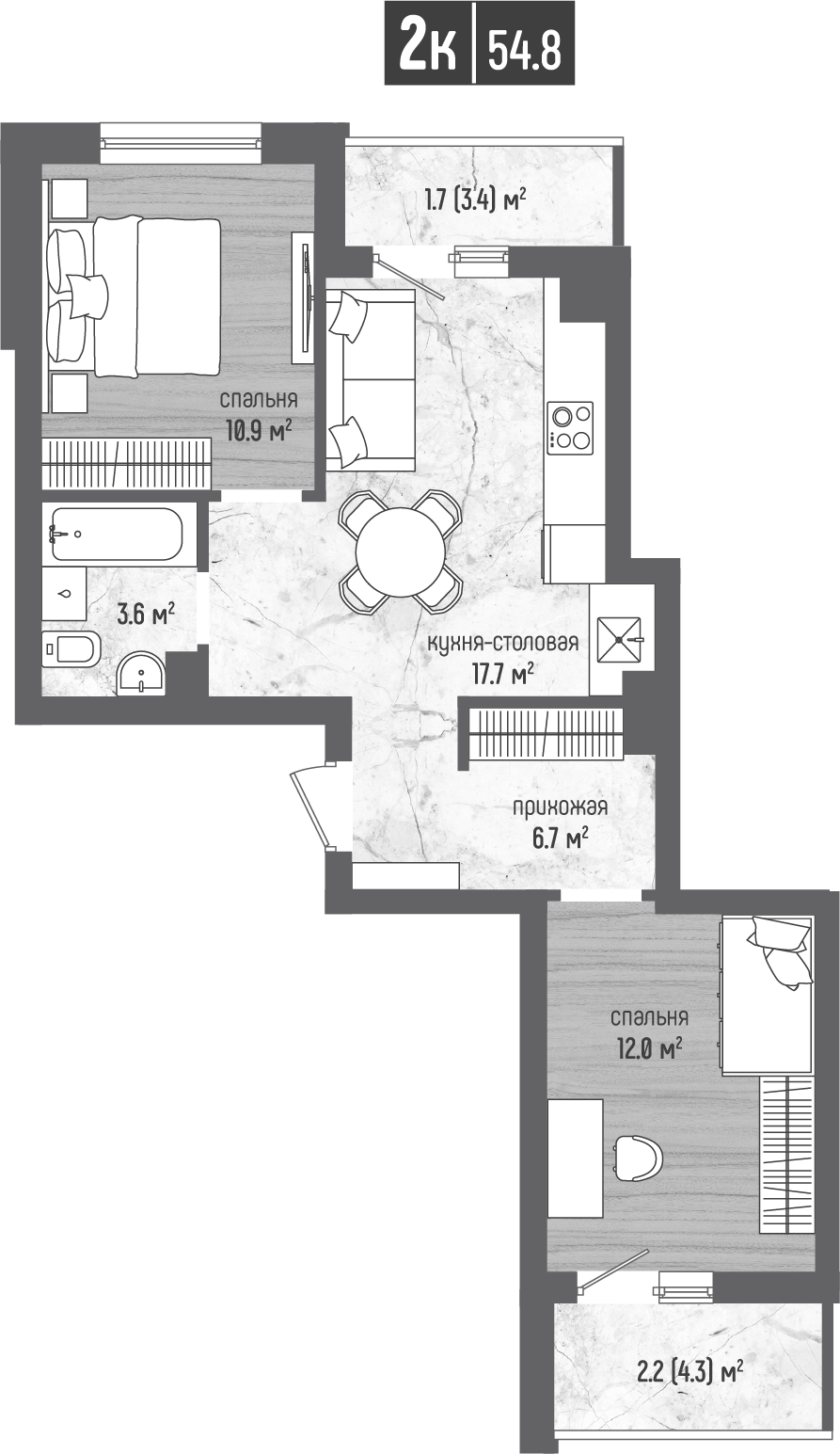 2-комнатная 54 м2 в ЖК Морена корпус null этаж 5