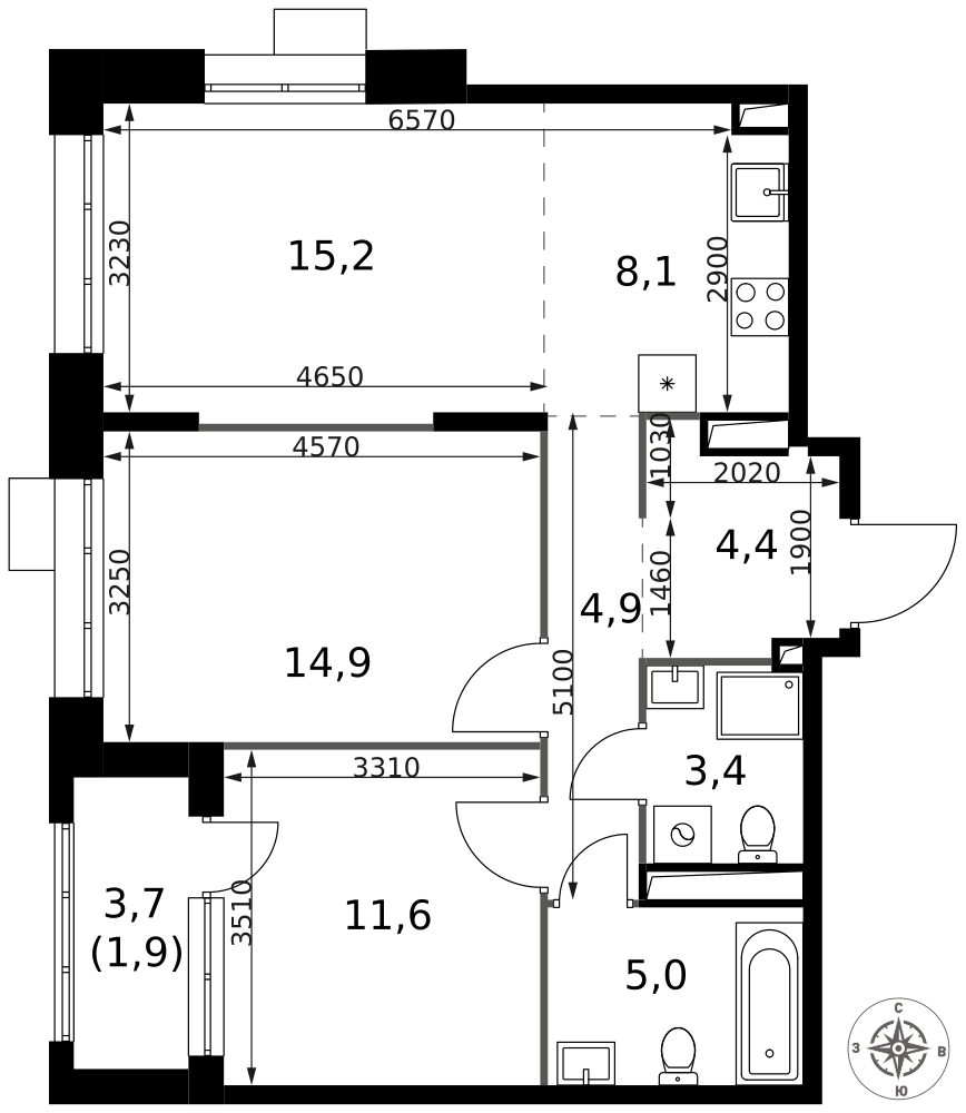 3-комнатная 69 м2 в ЖК 1-й Саларьевский корпус null этаж 23