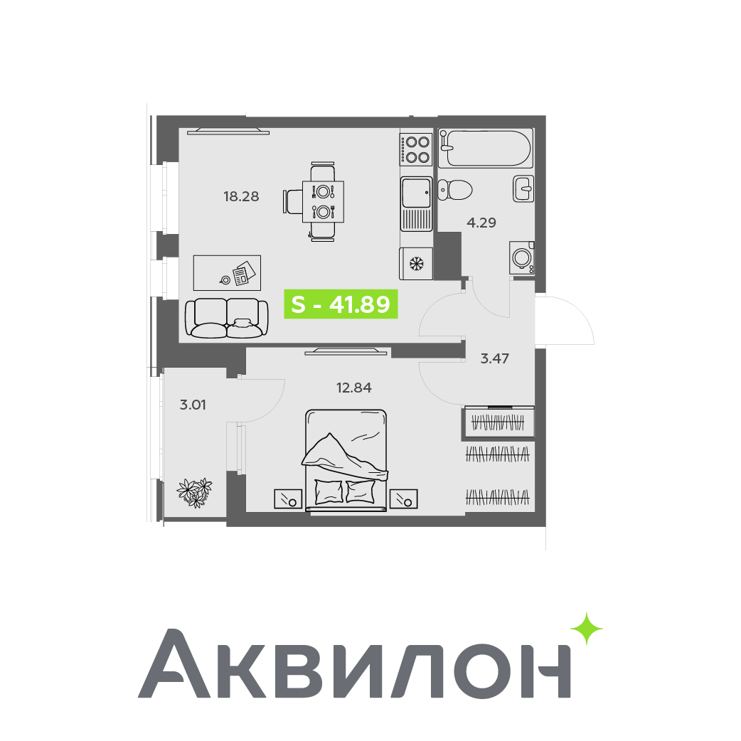 Студия 41 м2 в ЖК Аквилон АКВАРТАЛ корпус null этаж 2