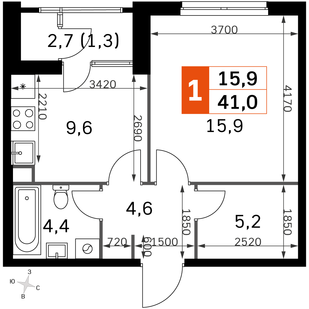 1-комнатная 38 м2 в ЖК Скай Гарден корпус null этаж 22