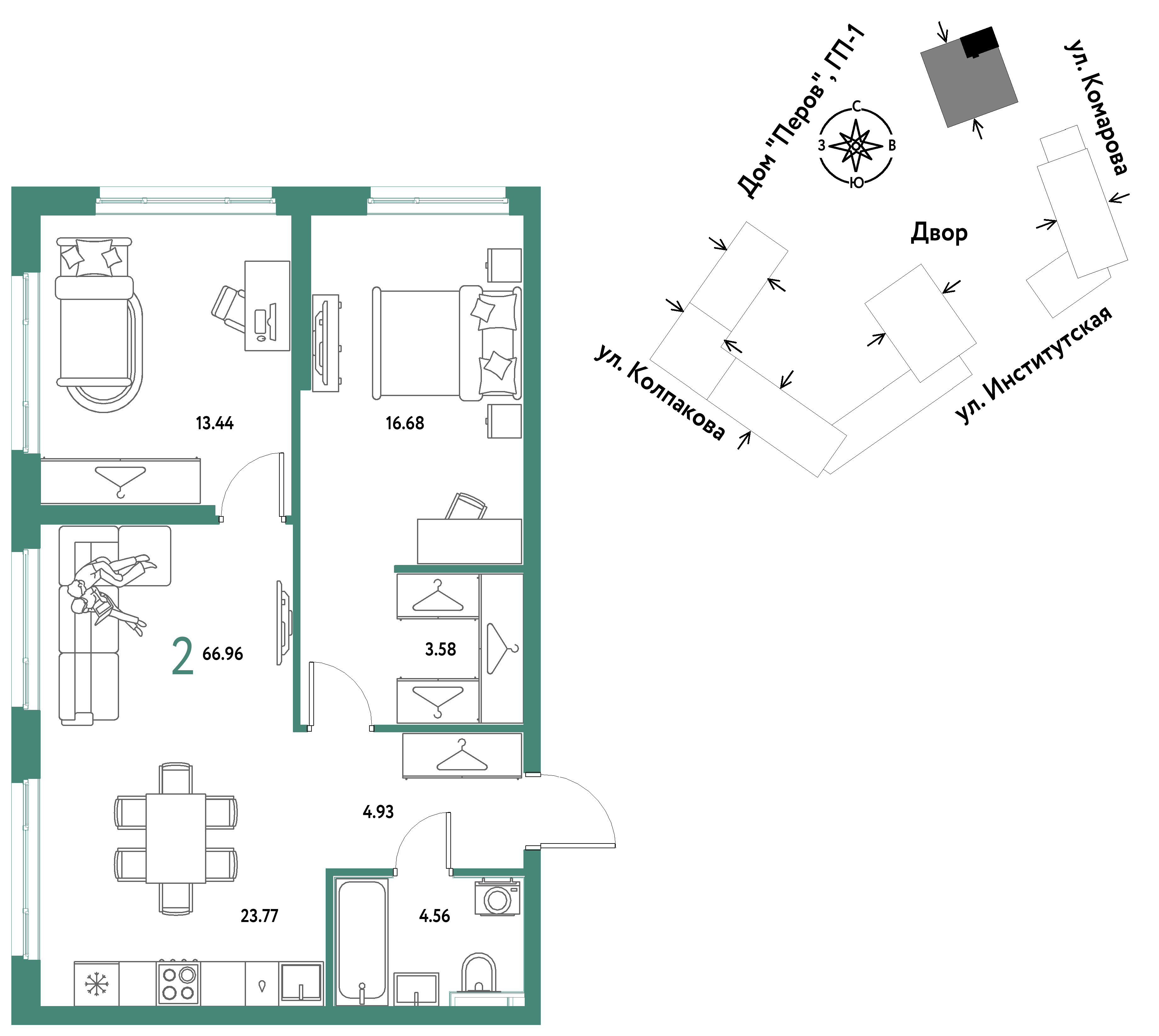 2-комнатная 66 м2 в ЖК Страна.Парковая корпус null этаж 9