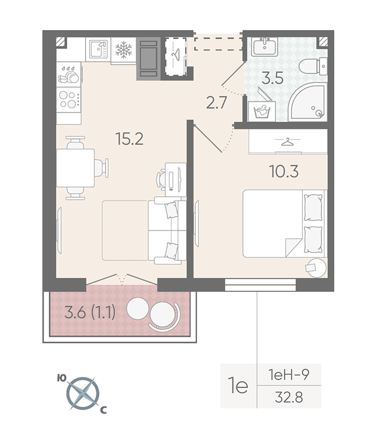 1-комнатная 32 м2 в ЖК Пейзажный квартал корпус null этаж 6