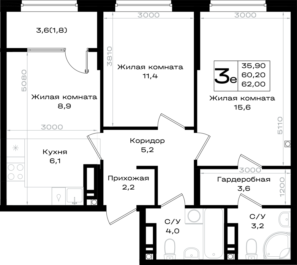 3-комнатная 62 м2 в ЖК Придонье корпус null этаж 9