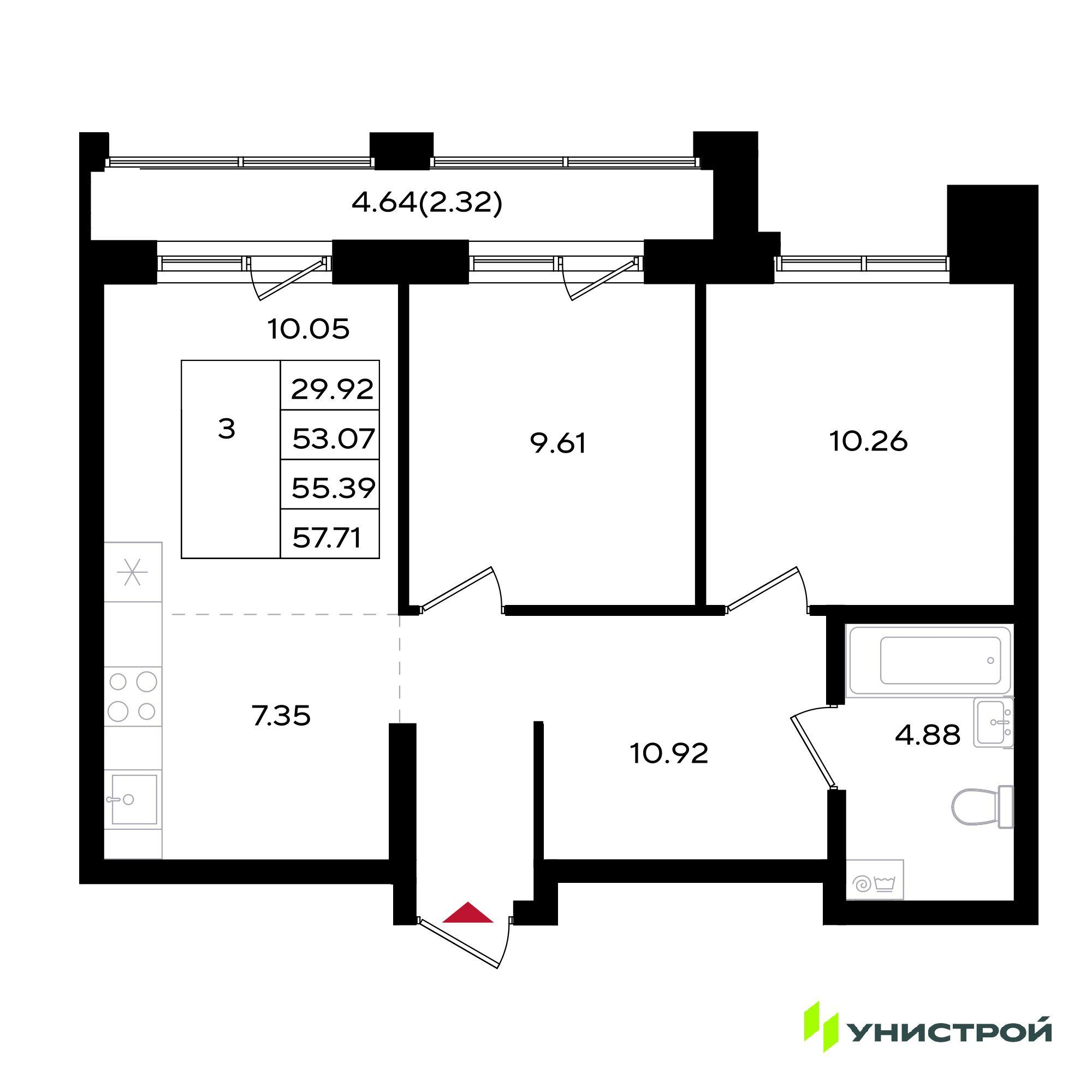 3-комнатная 55 м2 в ЖК Уникум на Энгельса корпус null этаж 4