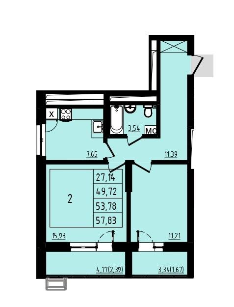 2-комнатная 53 м2 в ЖК Новоленд корпус null этаж 2