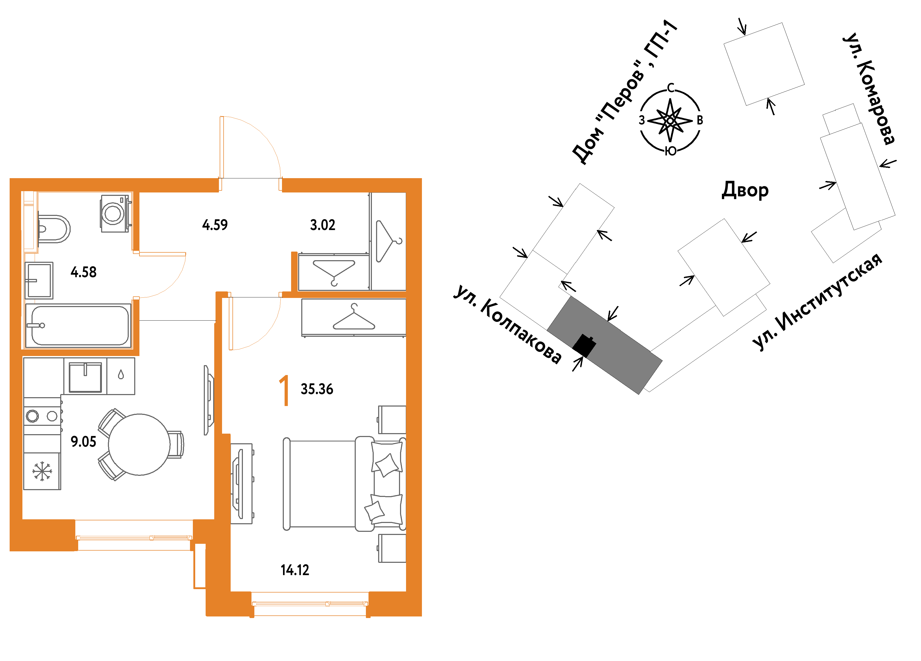 1-комнатная 35 м2 в ЖК Страна.Парковая корпус null этаж 14