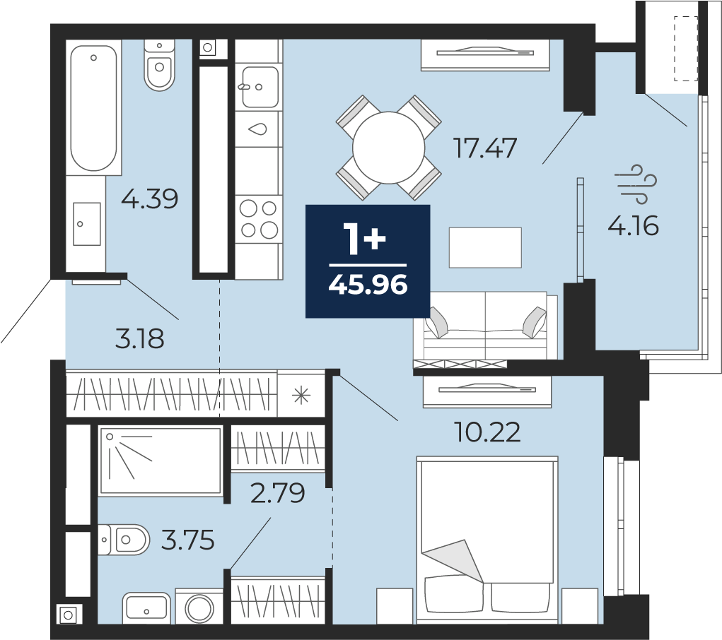 1-комнатная 41 м2 в ЖК Мириады корпус null этаж 5