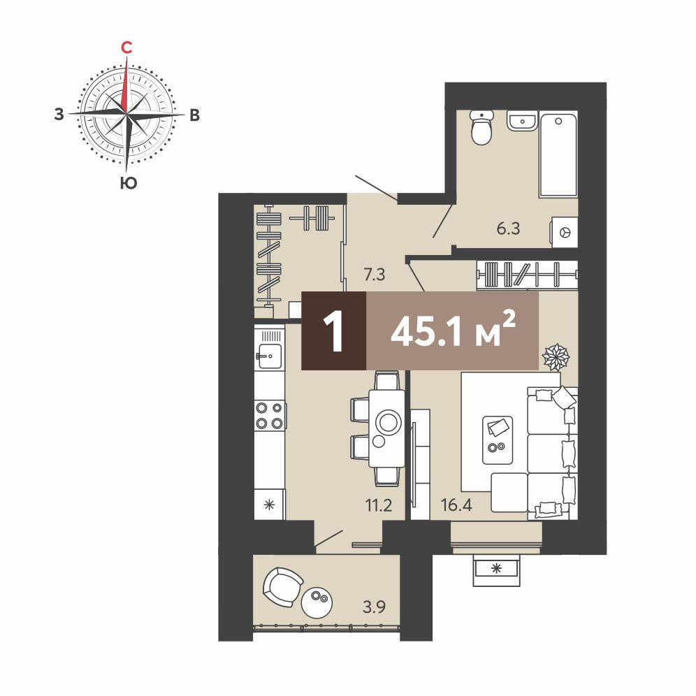 1-комнатная 45 м2 в ЖК Balance корпус null этаж 10