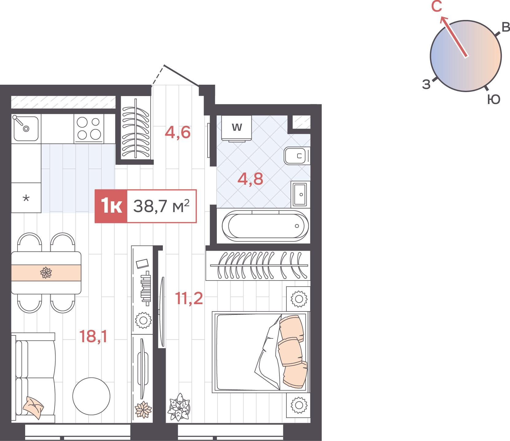 1-комнатная 38 м2 в ЖК ДА корпус null этаж 2