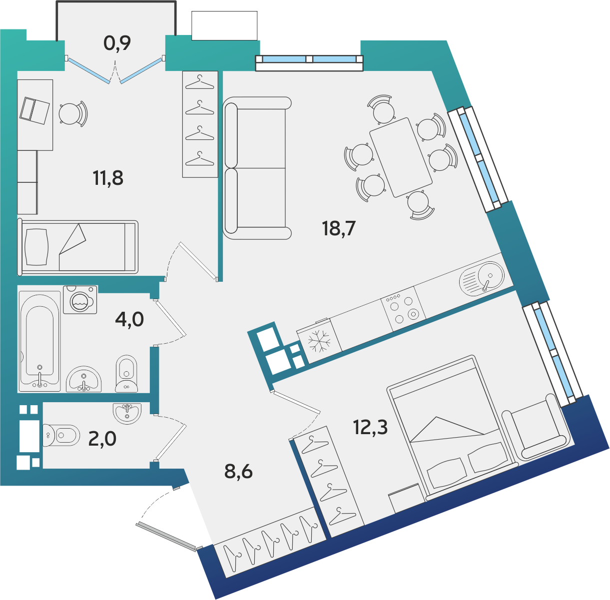 2-комнатная 57 м2 в ЖК Экополис корпус null этаж 12