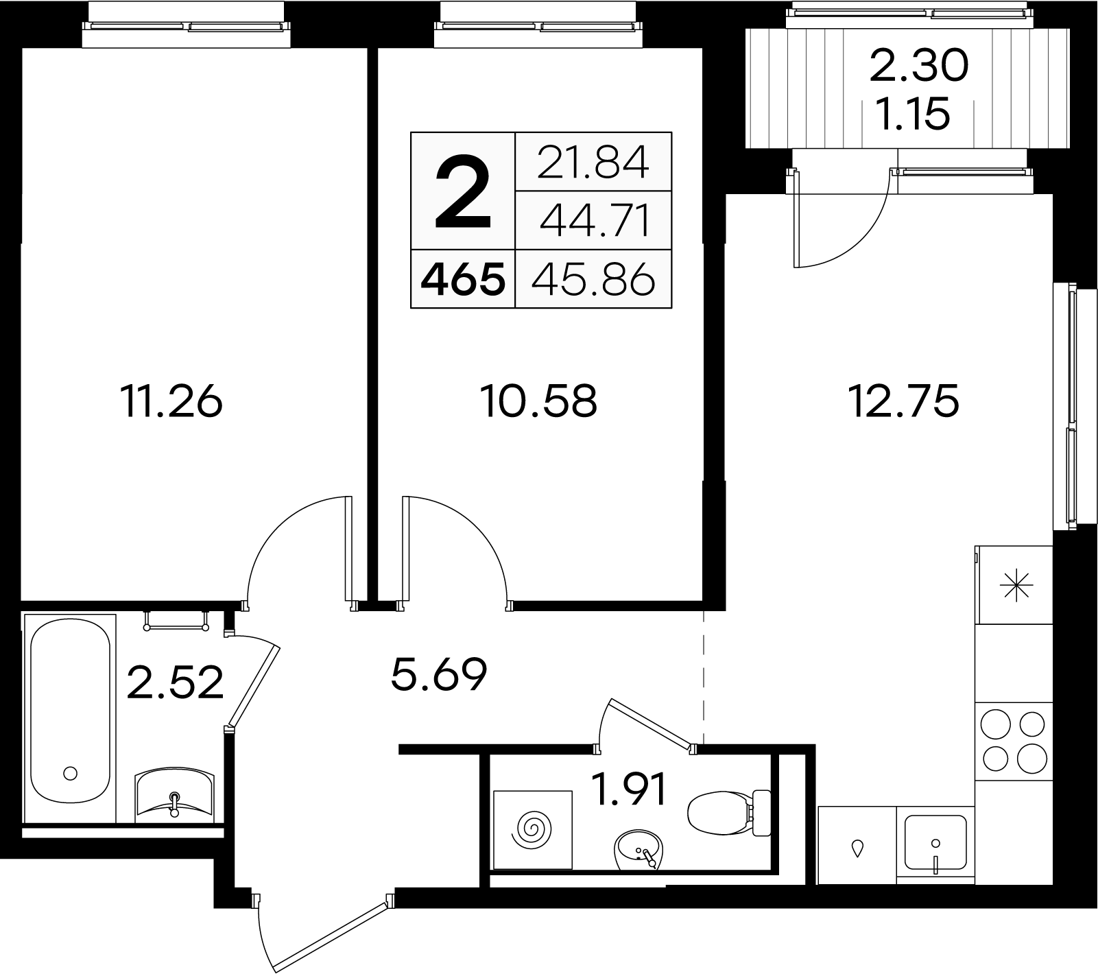 2-комнатная 45 м2 в ЖК Glorax Новинки корпус null этаж 8