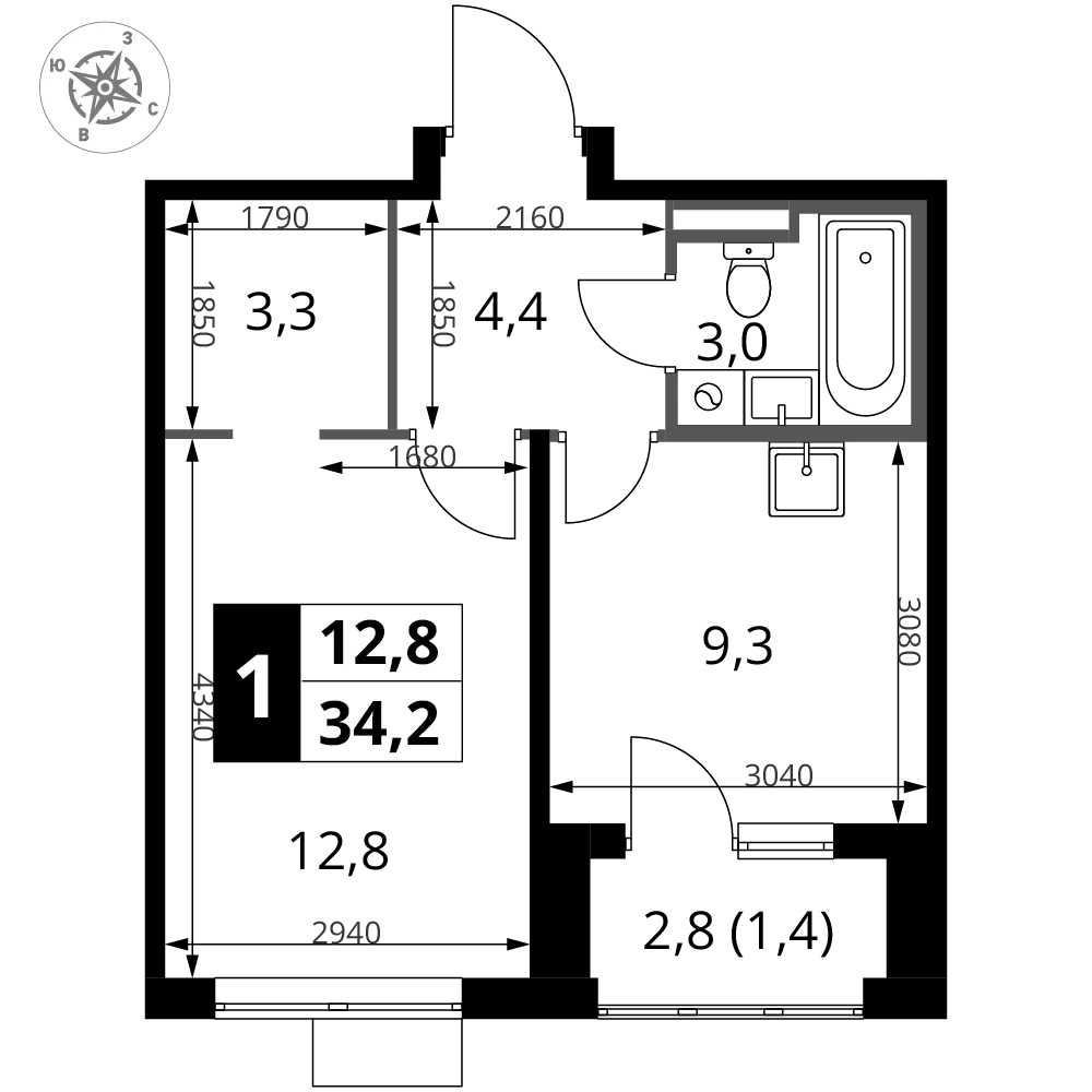 1-комнатная 34 м2 в ЖК 1-й Донской корпус null этаж 18
