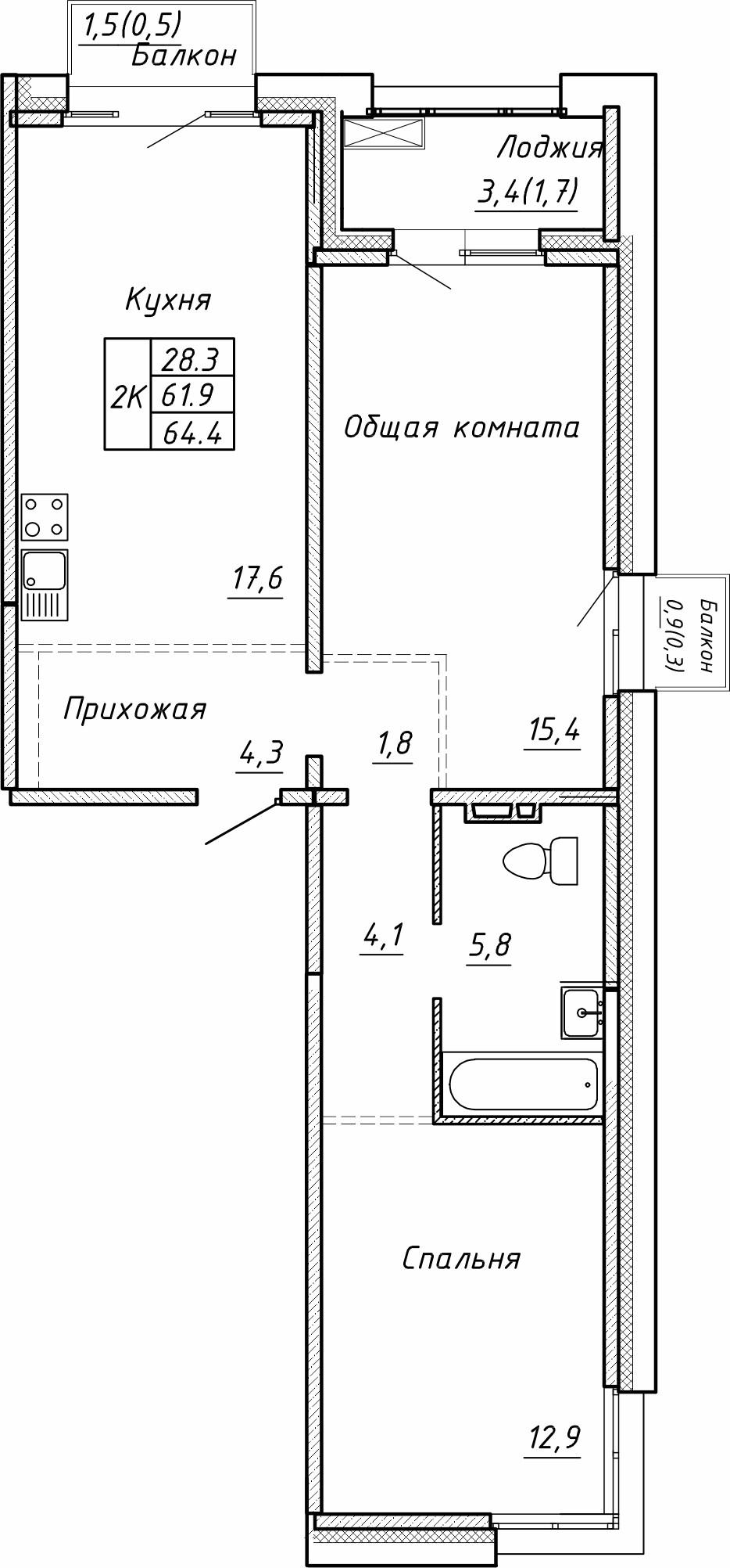 2-комнатная 64 м2 в ЖК Гренландия корпус null этаж 6