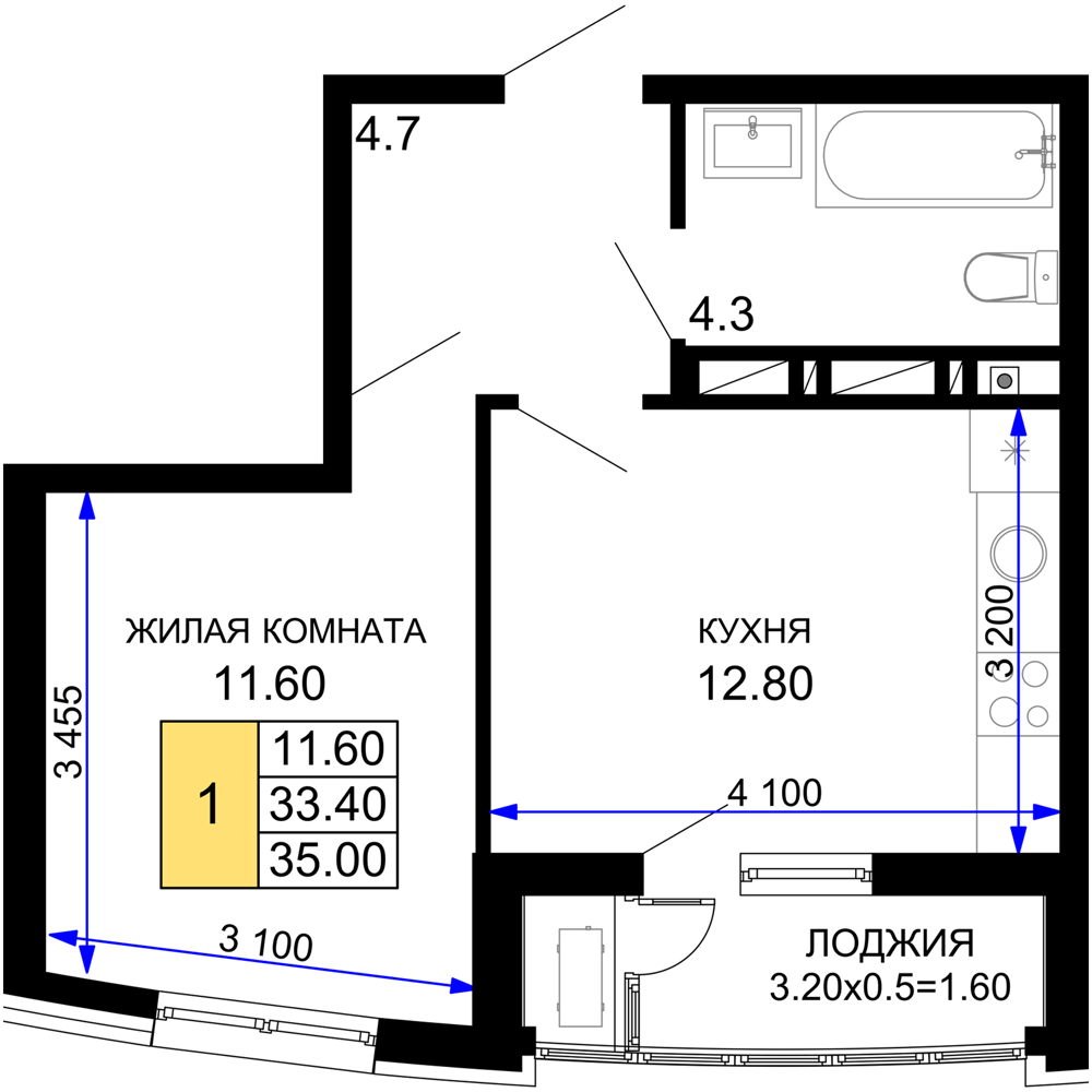 1-комнатная 35 м2 в ЖК Фонтаны корпус null этаж 9