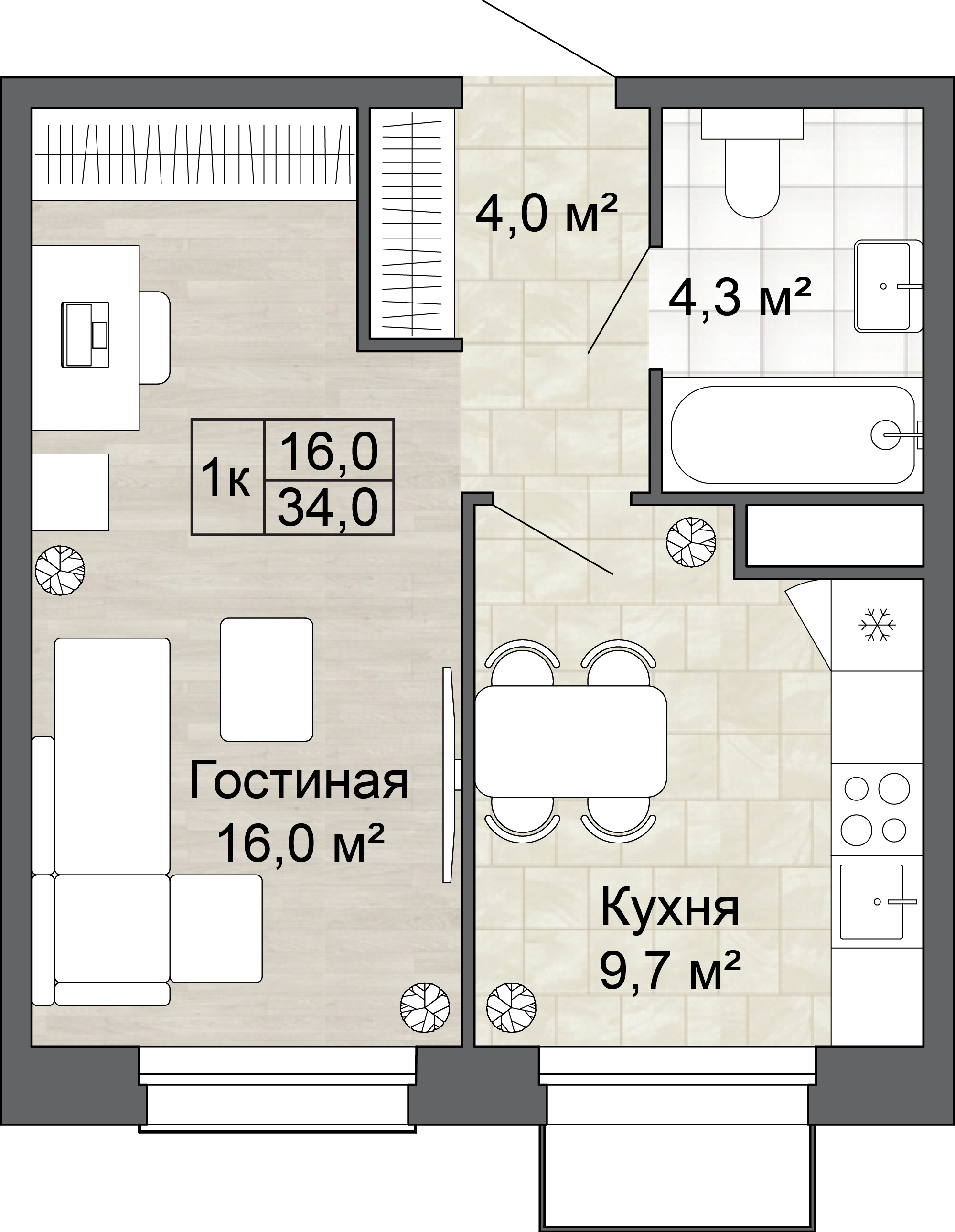 1-комнатная 34 м2 в ЖК Яблоневый Сад корпус null этаж 11