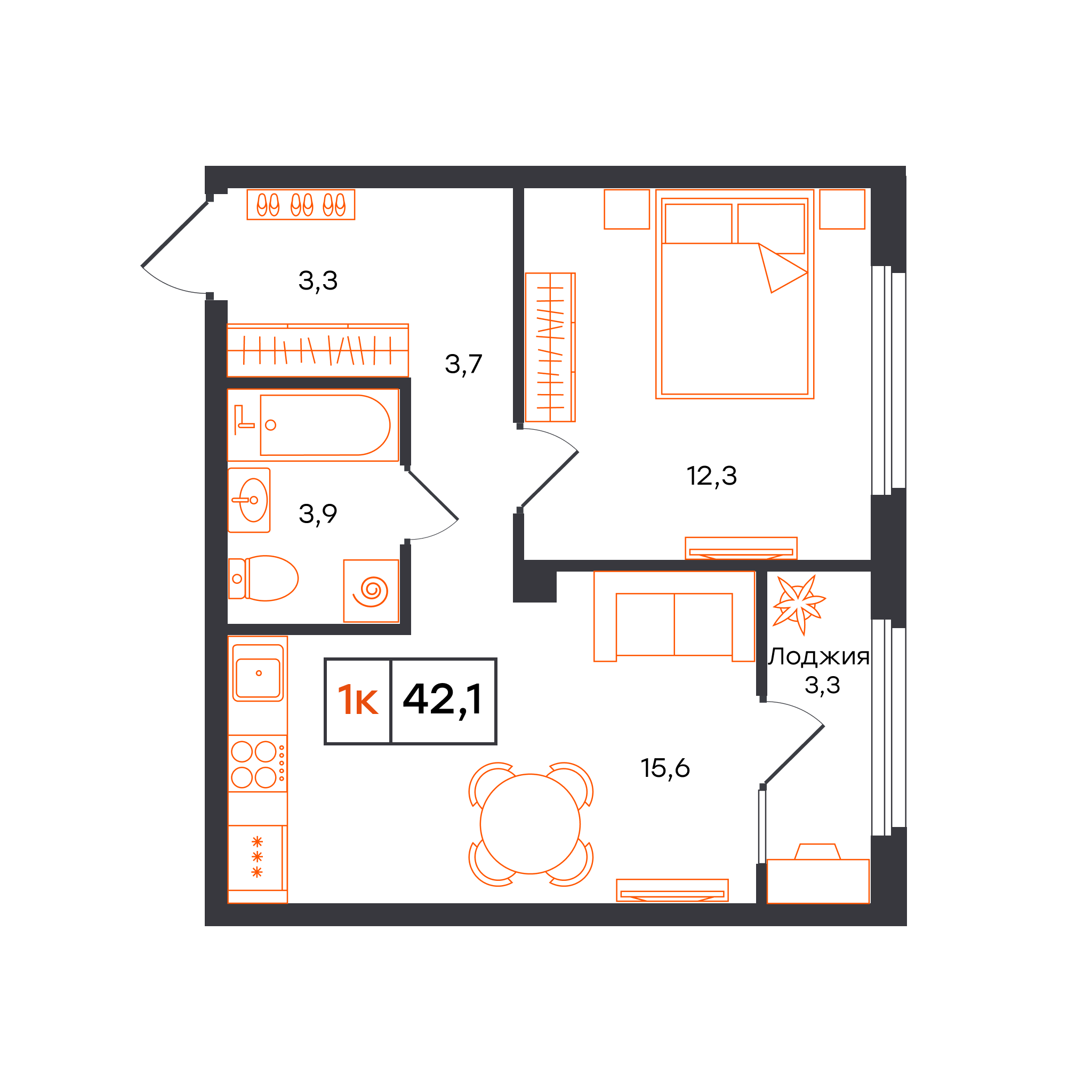 1-комнатная 42 м2 в ЖК Отличие корпус null этаж 12
