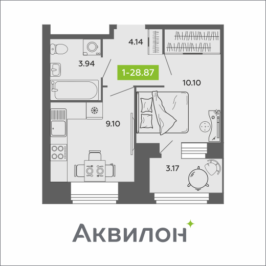 1-комнатная 28 м2 в ЖК Аквилон ROSA корпус null этаж 8