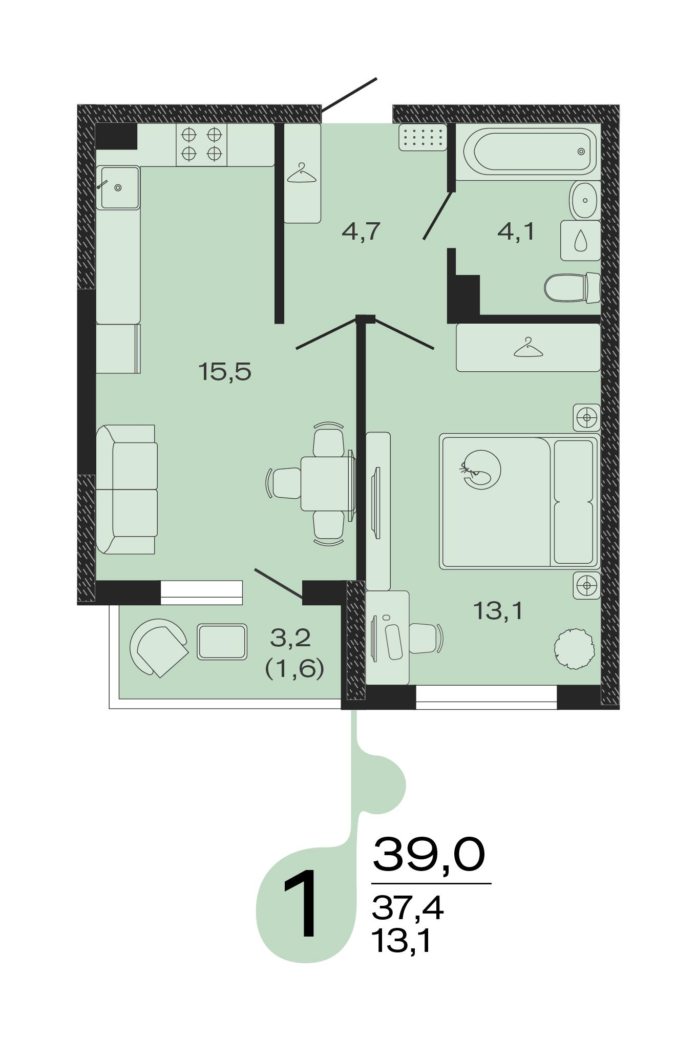 1-комнатная 39 м2 в ЖК ЭВО корпус null этаж 4
