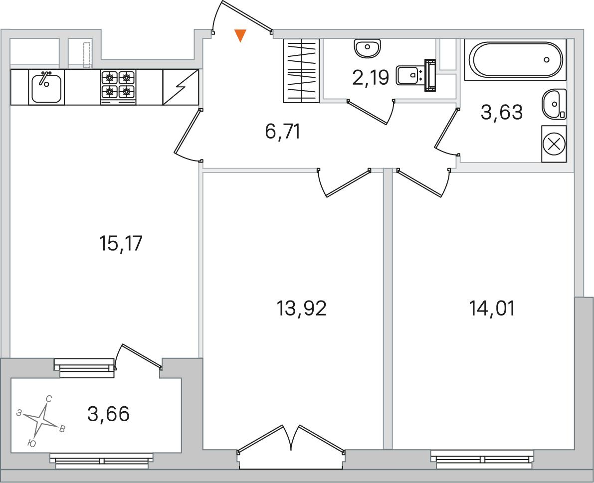 2-комнатная 57 м2 в ЖК Дубровский корпус null этаж 2
