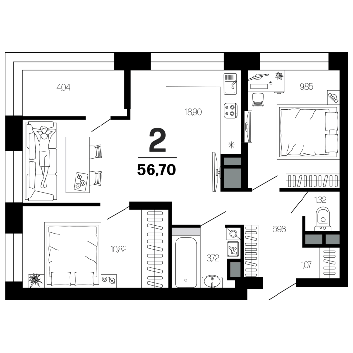 2-комнатная 56.7 м2 в ЖК undefined корпус null этаж 6