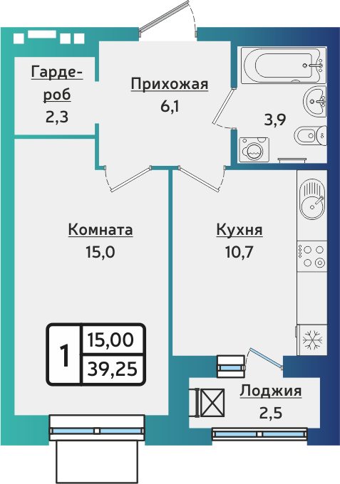 1-комнатная 39 м2 в ЖК ARTNOVA корпус null этаж 8