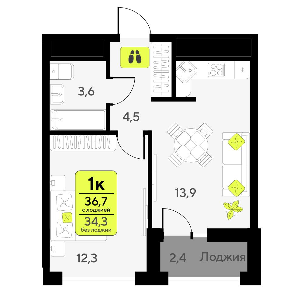 1-комнатная 36 м2 в ЖК Мотивы корпус null этаж 14