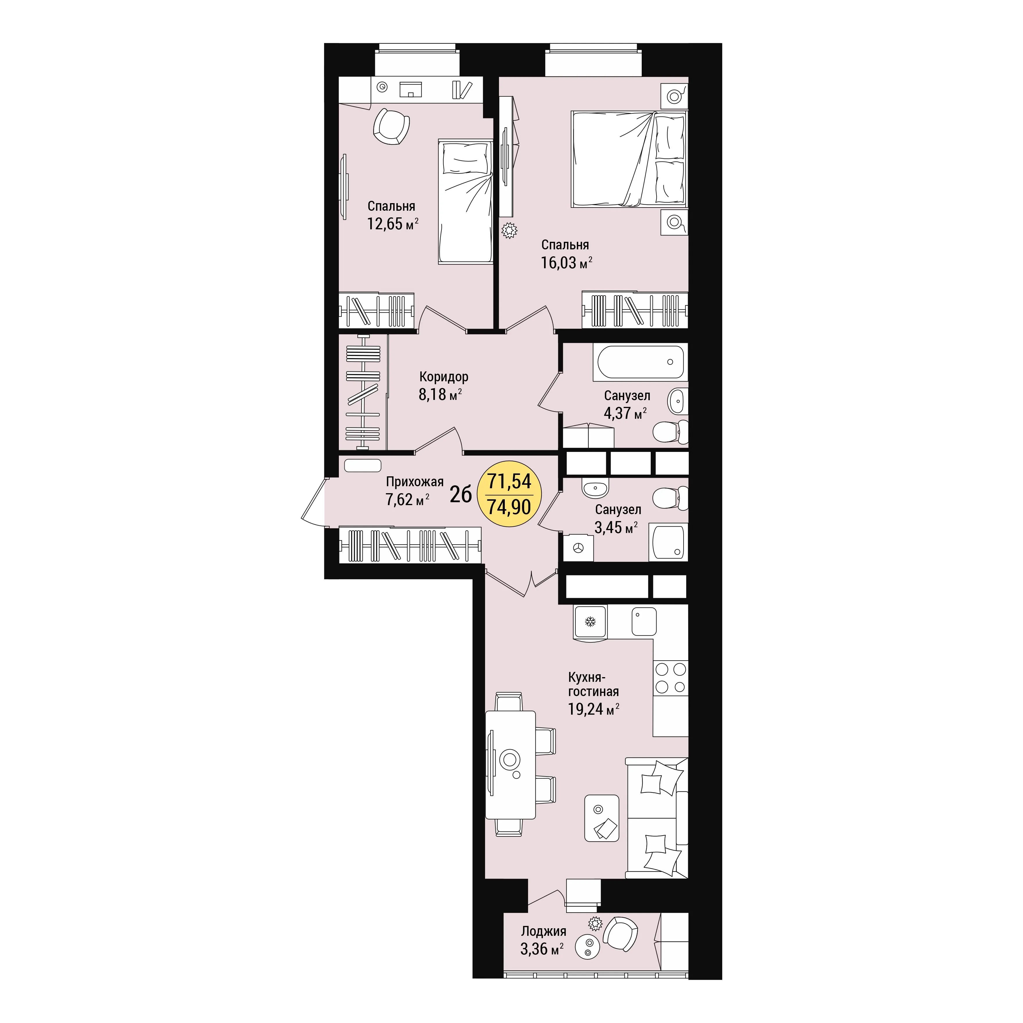 2-комнатная 74 м2 в ЖК Дубовый парк корпус null этаж 14