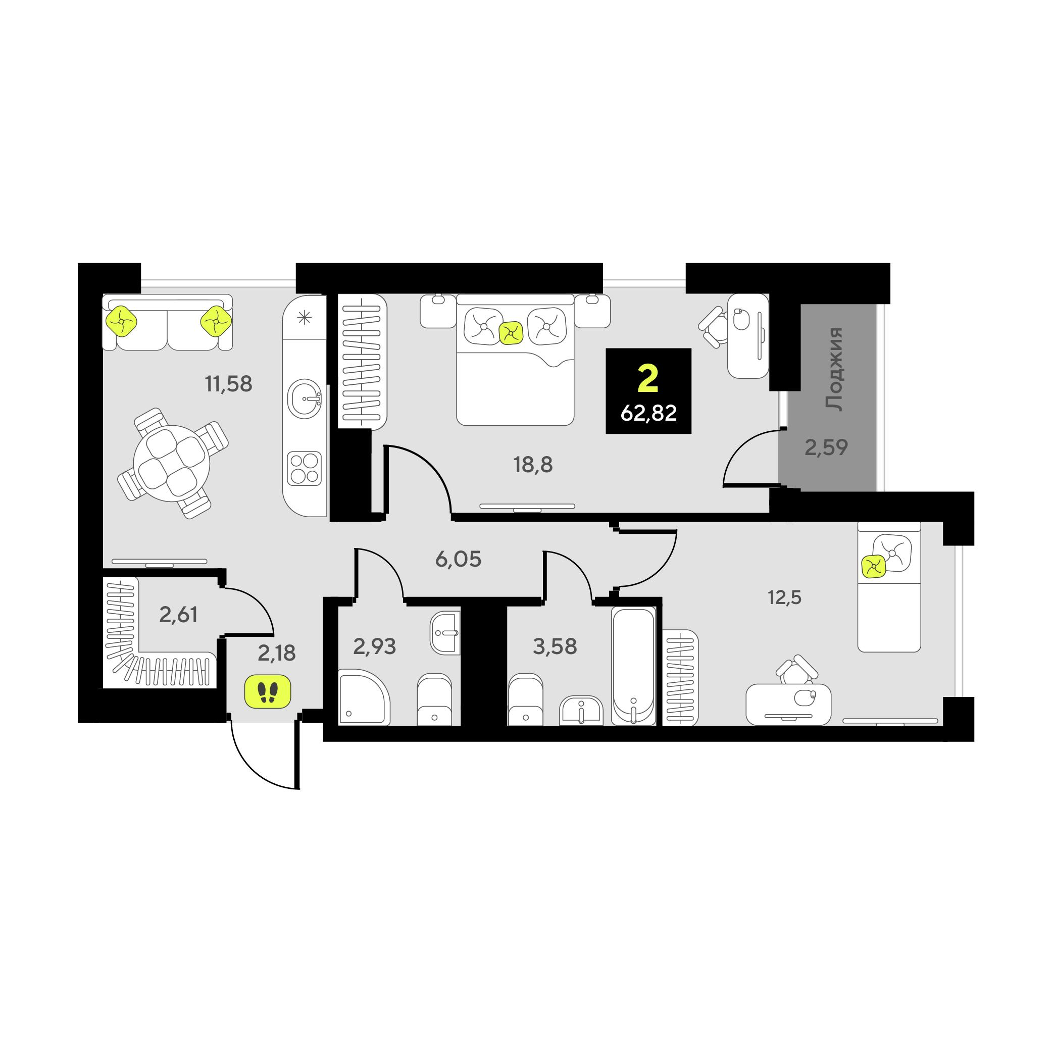 2-комнатная 62 м2 в ЖК Мотивы корпус null этаж 10