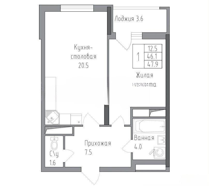 2-комнатная 47.9 м2 в ЖК undefined корпус null этаж 10