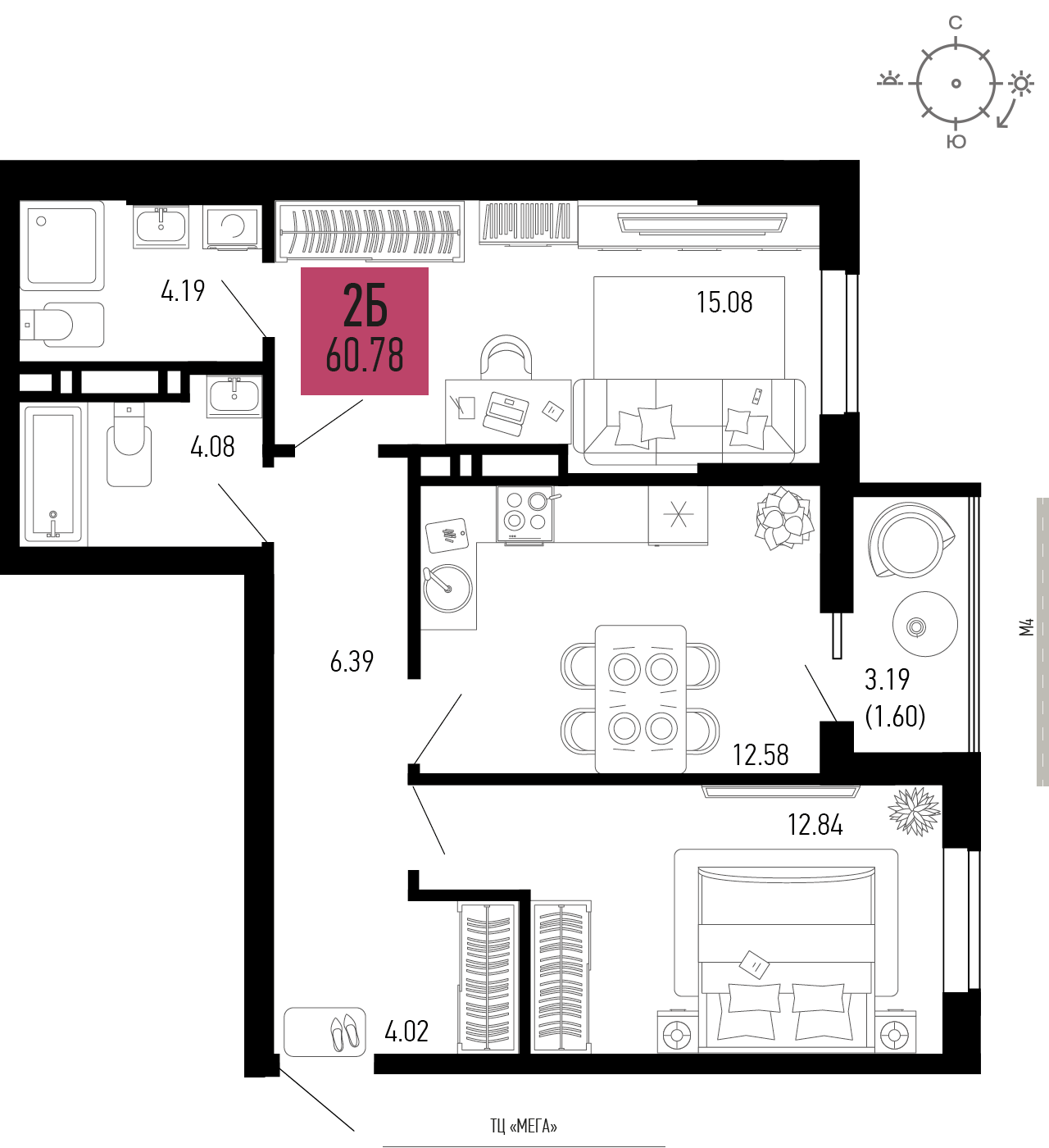 2-комнатная 60 м2 в ЖК Столицыно корпус null этаж 4