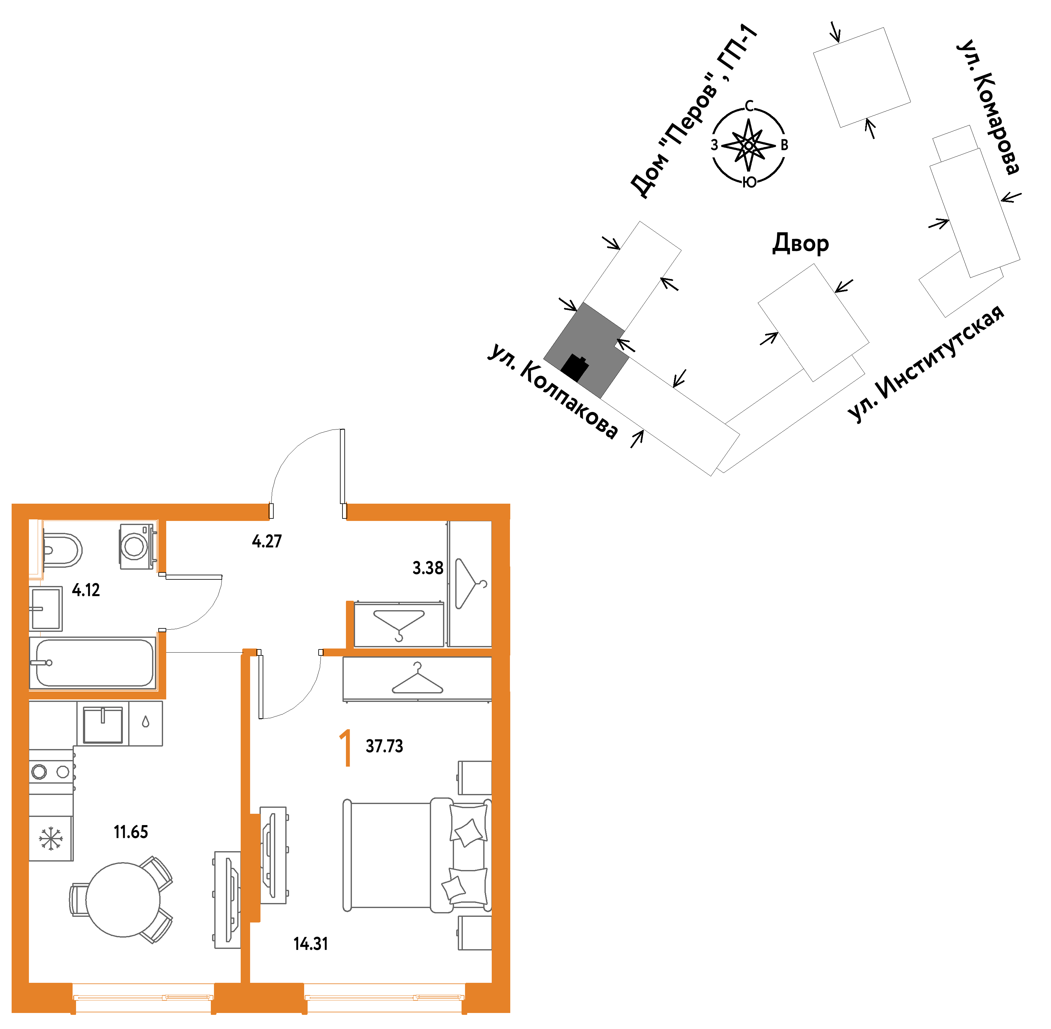 1-комнатная 37 м2 в ЖК Страна.Парковая корпус null этаж 10