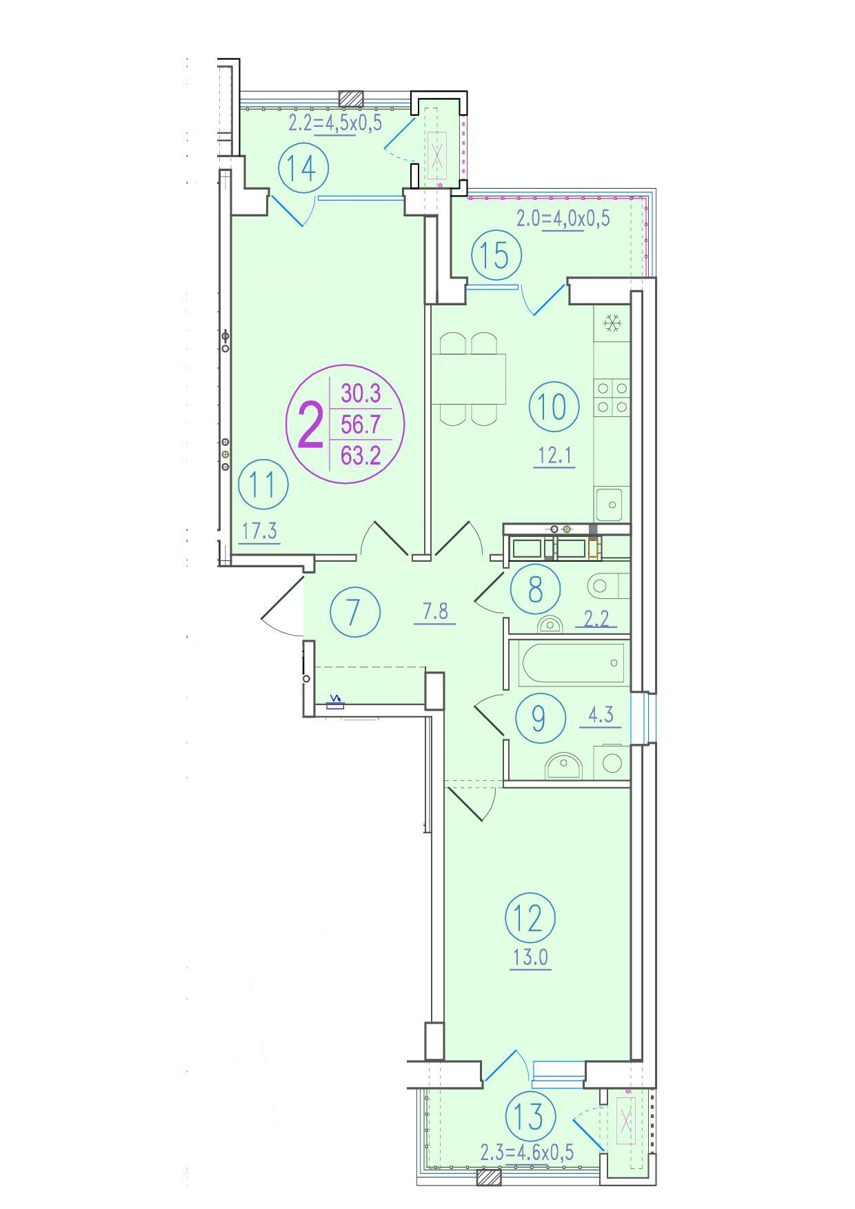 2-комнатная 63 м2 в ЖК Состояние корпус null этаж 16