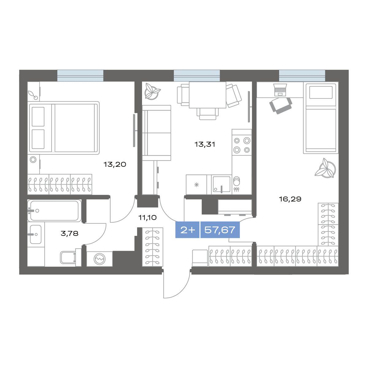 2-комнатная 57 м2 в ЖК Пятнашка корпус null этаж 1