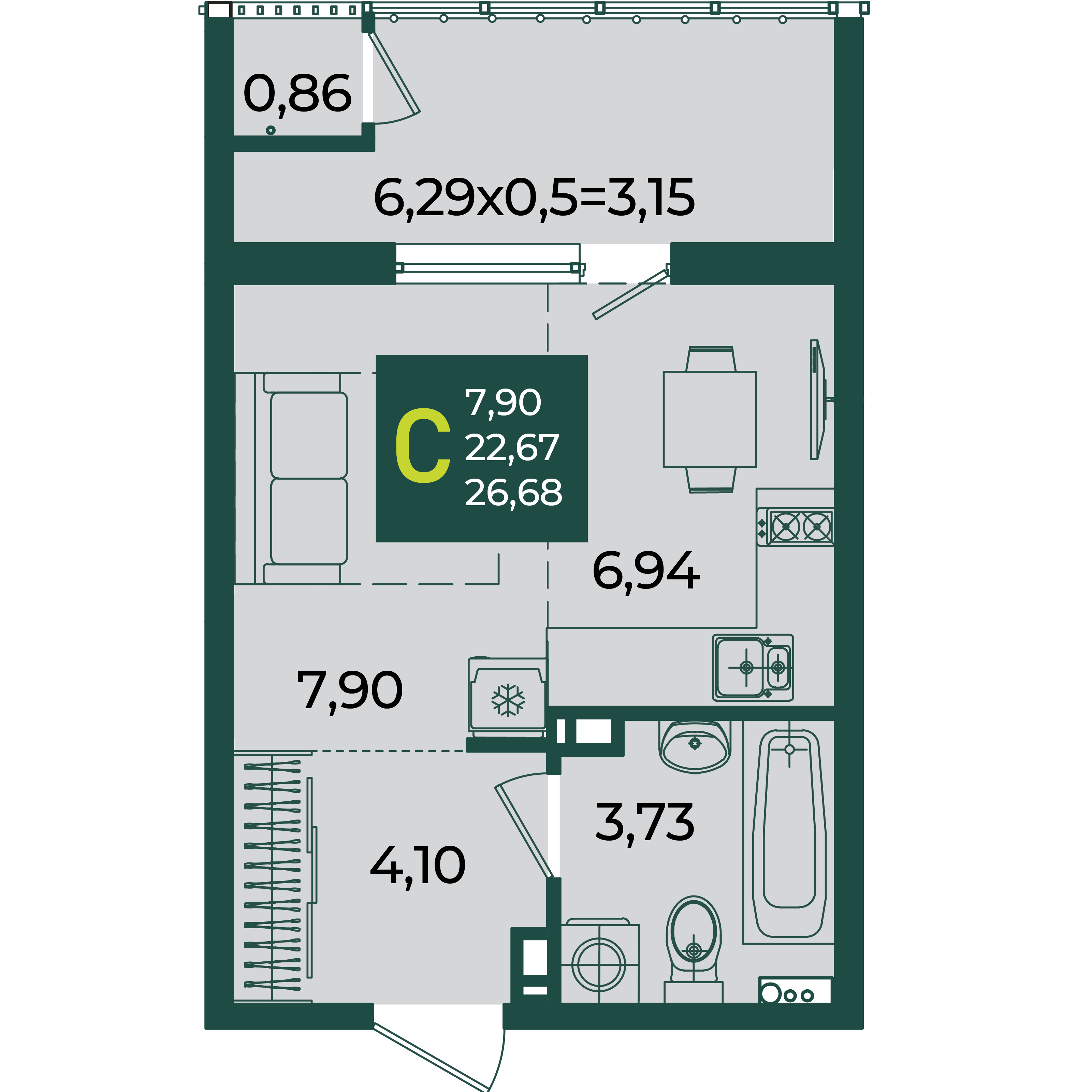 Студия 26 м2 в ЖК Образцово корпус null этаж 15
